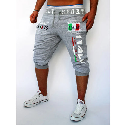 Men's Athletic Capri Shorts - Sweat Shorts with Drawstring, Printed Letter Design, Knee-Length Sports and Streetwear