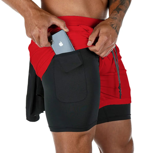 Men's Double Layer Fitness Shorts - Drawstring, Mesh Lining, Elastic Waist, Breathable Quick-Dry Board Shorts for Beach and Pool