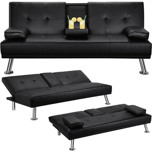 Modern Faux Leather Sofa Bed - Convertible Folding Futon with Armrests, Engineered Wood and Metal Frame, Minimalist Design for Living Room