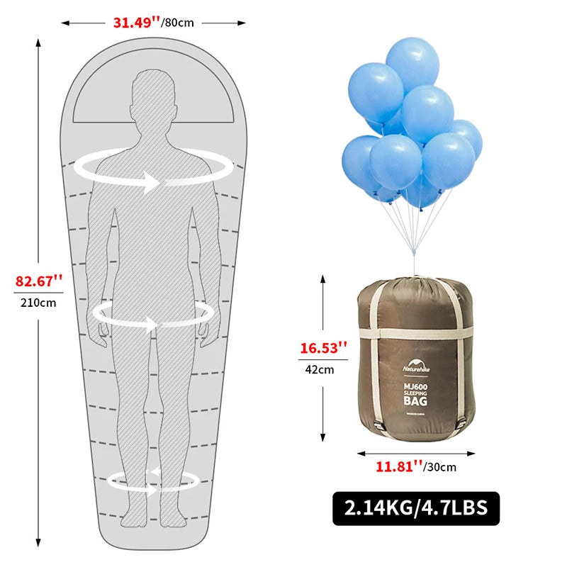 Naturehike Sleeping Bag Series - MJ300 (-1℃) and MJ600 (-12℃) Lightweight Mummy Sleeping Bags for Outdoor Camping and Winter