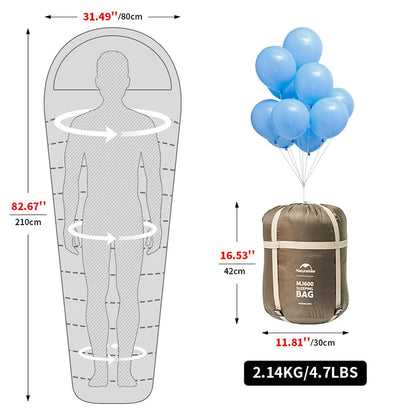 Naturehike Sleeping Bag Series - MJ300 (-1℃) and MJ600 (-12℃) Lightweight Mummy Sleeping Bags for Outdoor Camping and Winter