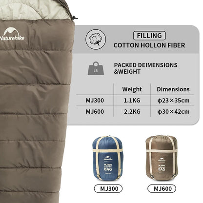 Naturehike Sleeping Bag Series - MJ300 (-1℃) and MJ600 (-12℃) Lightweight Mummy Sleeping Bags for Outdoor Camping and Winter