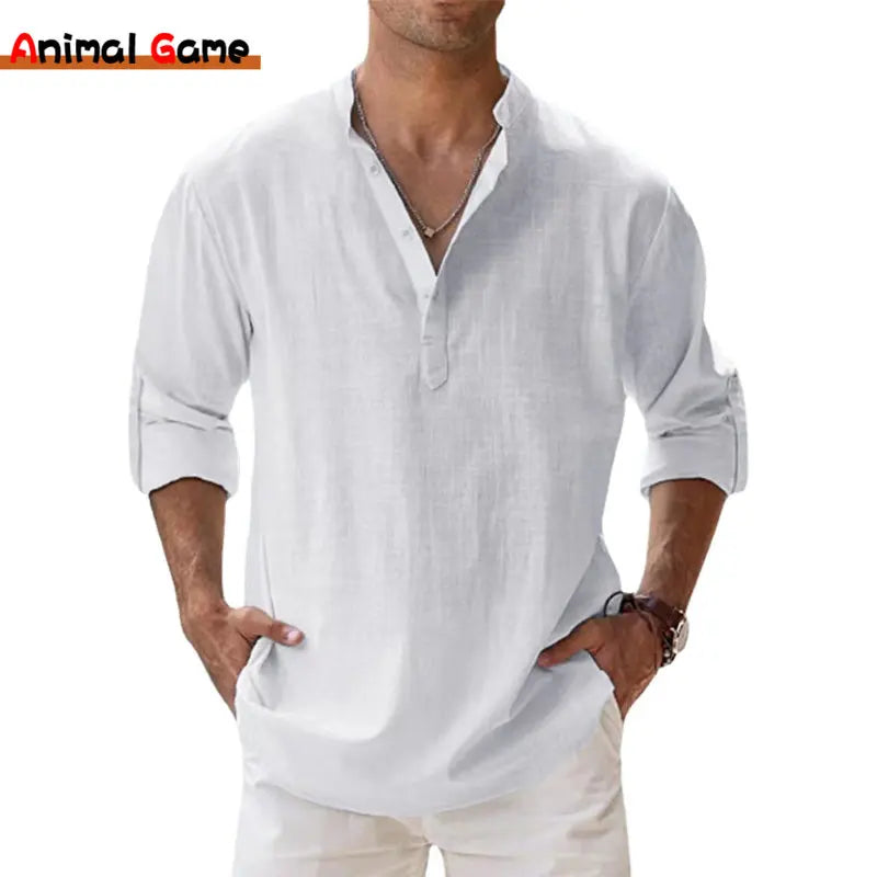 Men's Cotton Linen Henley Shirts - Casual Lightweight Long Sleeve Beach Shirts, Hawaiian T-Shirts