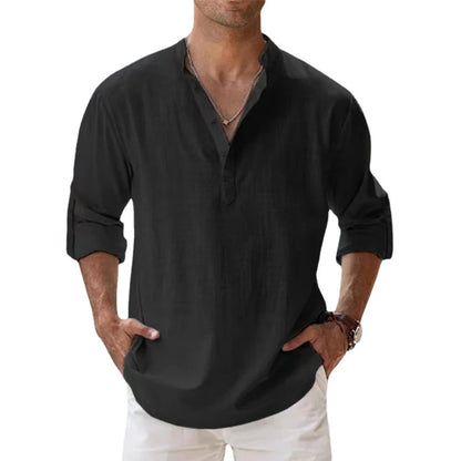 Men's Cotton Linen Henley Shirts - Casual Lightweight Long Sleeve Beach Shirts, Hawaiian T-Shirts