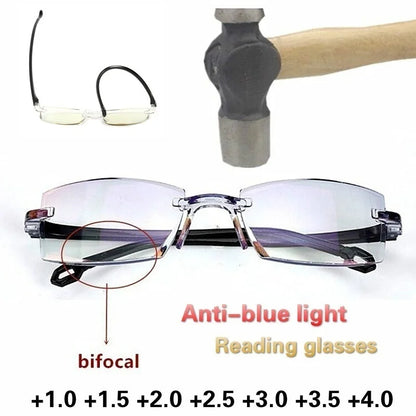Rimless Bifocal Reading Glasses for Men and Women - Anti Blue Light, Magnification Eyewear for Presbyopia +1.0 to +4.0