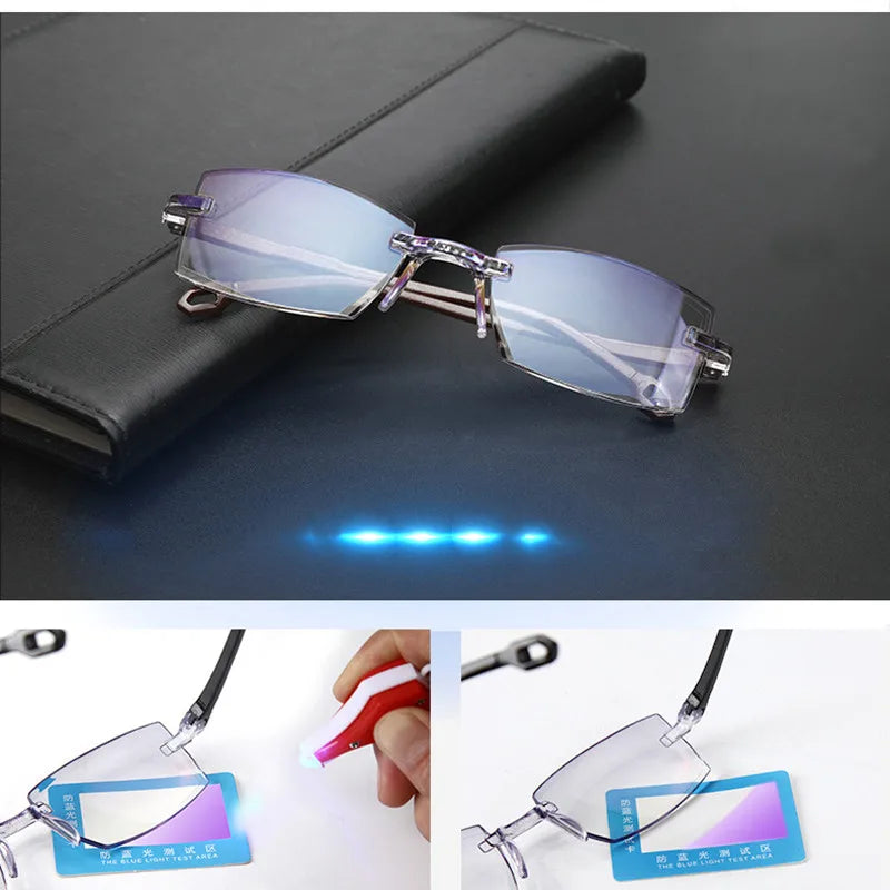 Rimless Bifocal Reading Glasses for Men and Women - Anti Blue Light, Magnification Eyewear for Presbyopia +1.0 to +4.0