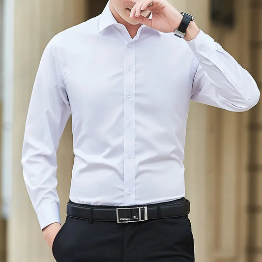 Men's Plus Size Solid Color Business Shirt - Fashion Classic Basic Casual Slim Fit, White Long Sleeve Shirt, Sizes 6XL to 8XL