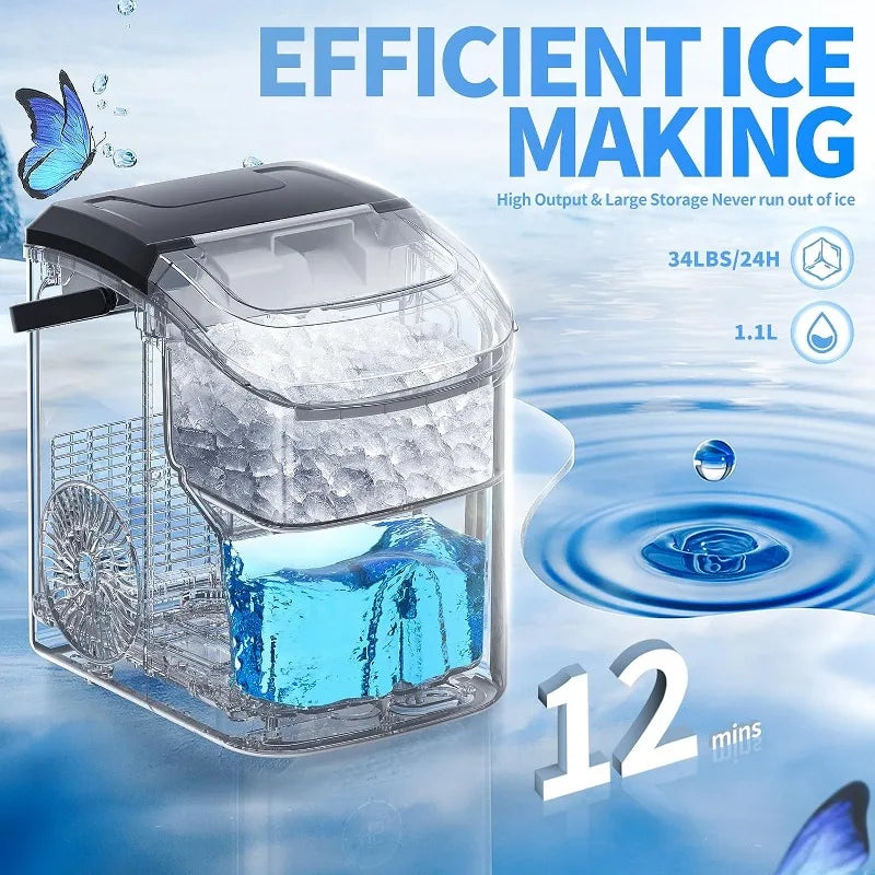 Nugget Countertop Ice Maker - Soft Chewable Ice, 34Lbs/24H Production, Portable Pebble Ice Machine with Self-Cleaning Feature and Ice Scoop