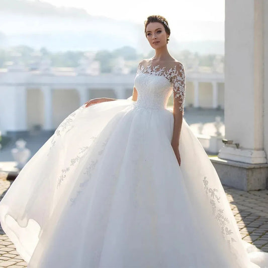 Timeless Romance:  Long Sleeve Embroidered Wedding Dress in Chiffon