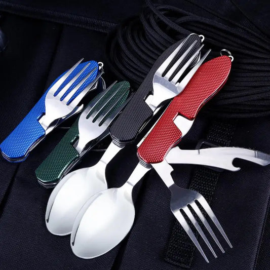 Outdoor Camping Multifunctional Foldable Cutlery Set - Stainless Steel Knife, Fork, Spoon for Picnic and Camping