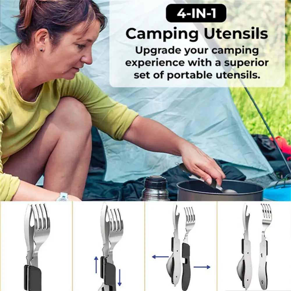 Outdoor Camping Multifunctional Foldable Cutlery Set - Stainless Steel Knife, Fork, Spoon for Picnic and Camping