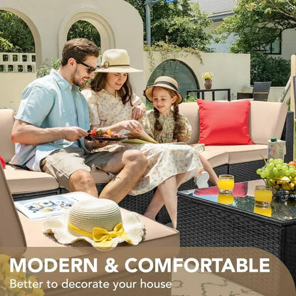 Outdoor Garden Sofa Furniture Set - Manual Weaving Wicker Rattan Patio Conversation Sets with Cushions, Beige