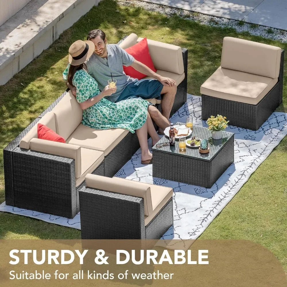 Outdoor Garden Sofa Furniture Set - Manual Weaving Wicker Rattan Patio Conversation Sets with Cushions, Beige