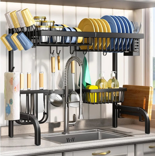 Adjustable Over-The-Sink Dish Drying Rack (25.5 to 33.5 inch) - 2 Tier Metal Steel, Ideal for Kitchen Counter