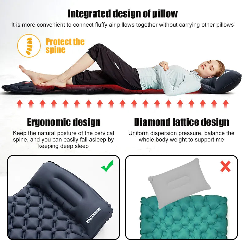 PACOONE Outdoor Camping Sleeping Pad - Inflatable Mattress with Pillows, Ultralight Air Mat with Built-in Inflator Pump for Travel and Hiking