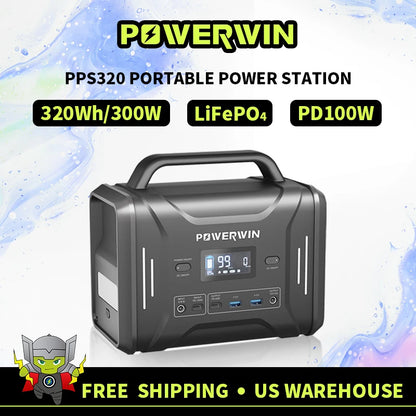 POWERWIN 320Wh Portable Power Station PPS320 - Solar Generator with 300W LiFePO4 Battery, PD100W Fast Charge, and Camping Inverter