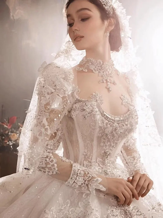 Princess Wedding Dresses - Dubai Arabian Crystal Long Sleeve Puffy Luxury Sequins, Illusion High-Neck Sweep Train Bridal Gowns