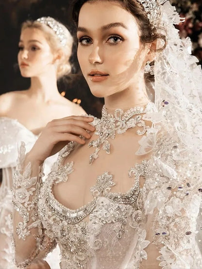 Princess Wedding Dresses - Dubai Arabian Crystal Long Sleeve Puffy Luxury Sequins, Illusion High-Neck Sweep Train Bridal Gowns