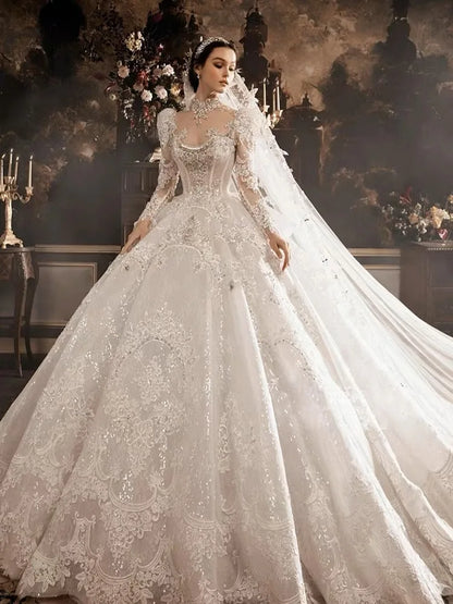 Princess Wedding Dresses - Dubai Arabian Crystal Long Sleeve Puffy Luxury Sequins, Illusion High-Neck Sweep Train Bridal Gowns