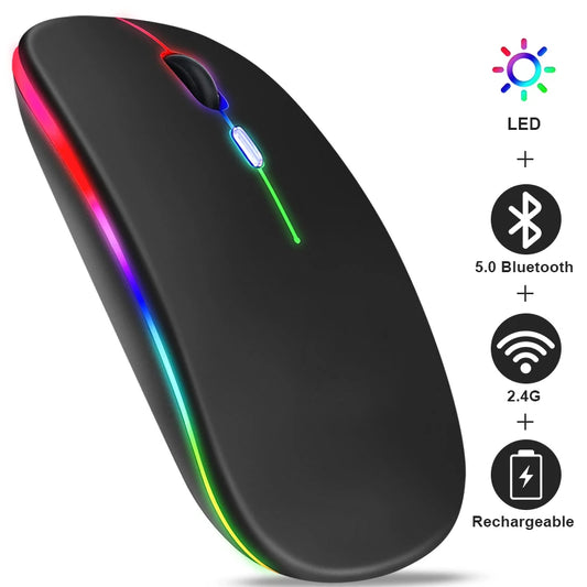 Rechargeable Bluetooth Wireless Mouse - 2.4GHz USB, RGB, 1600DPI for Computer, Laptop, Tablet, MacBook, Gaming