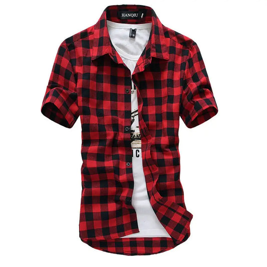 Men's Red and Black Plaid Shirt - Checkered Short Sleeve Shirt, 2024 New Summer Fashion, Chemise Homme