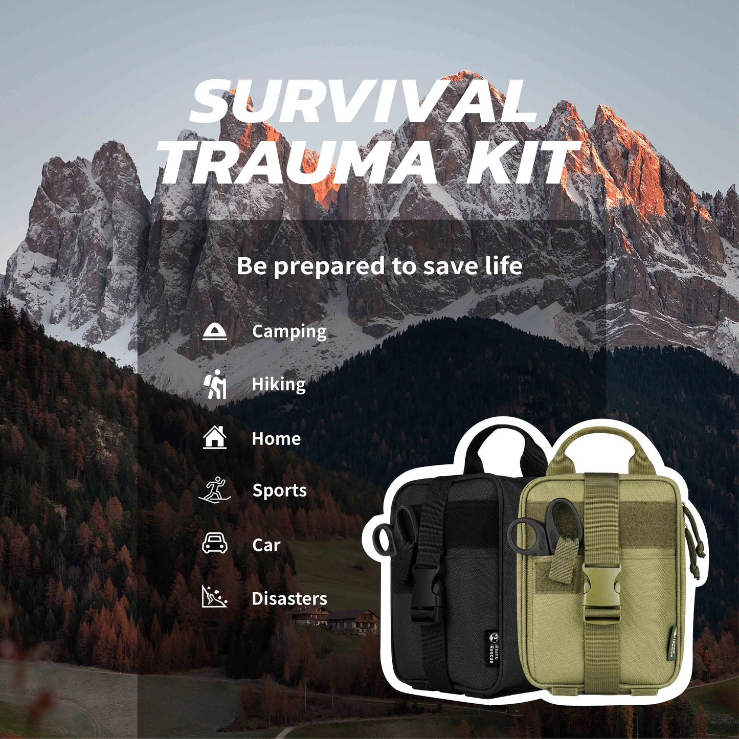 Rhino First Aid Survival Kit - Tactical IFAK Pouch with 20 EMT Items for Military, Emergency, and Outdoor Camping