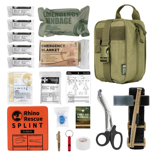 Rhino First Aid Survival Kit - Tactical IFAK Pouch with 20 EMT Items for Military, Emergency, and Outdoor Camping