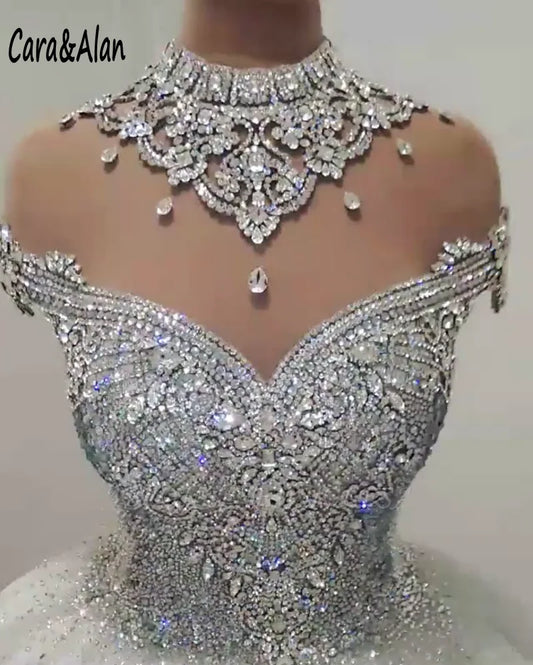 Royal Princess Wedding Dress - High Neck Arabic Bridal Gown with Crystal Beading and Tulle, Cap Sleeve, Sweep Train