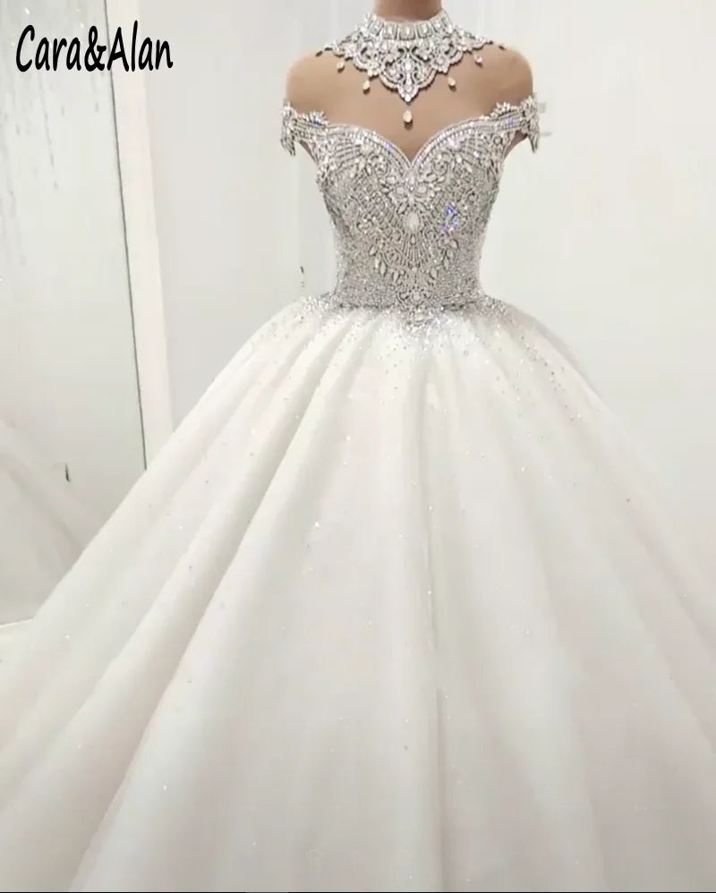 Royal Princess Wedding Dress - High Neck Arabic Bridal Gown with Crystal Beading and Tulle, Cap Sleeve, Sweep Train