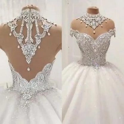 Royal Princess Wedding Dress - High Neck Arabic Bridal Gown with Crystal Beading and Tulle, Cap Sleeve, Sweep Train