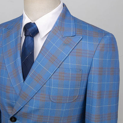 S-5XL Men's Slim Formal Business Suit - Luxury High-End Brand Blue Plaid 3-Piece Blazer, Vest, and Pants, Groom Wedding Dress Party Tuxedo