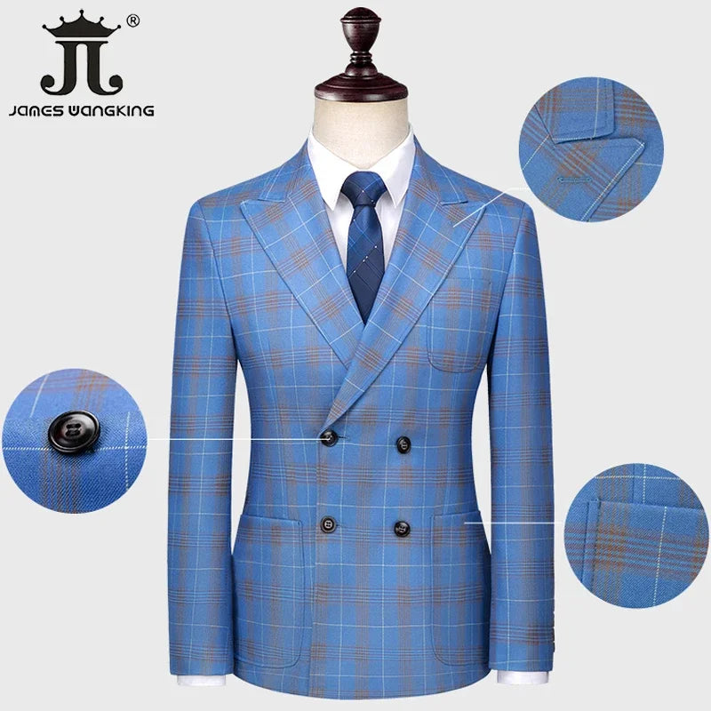 S-5XL Men's Slim Formal Business Suit - Luxury High-End Brand Blue Plaid 3-Piece Blazer, Vest, and Pants, Groom Wedding Dress Party Tuxedo