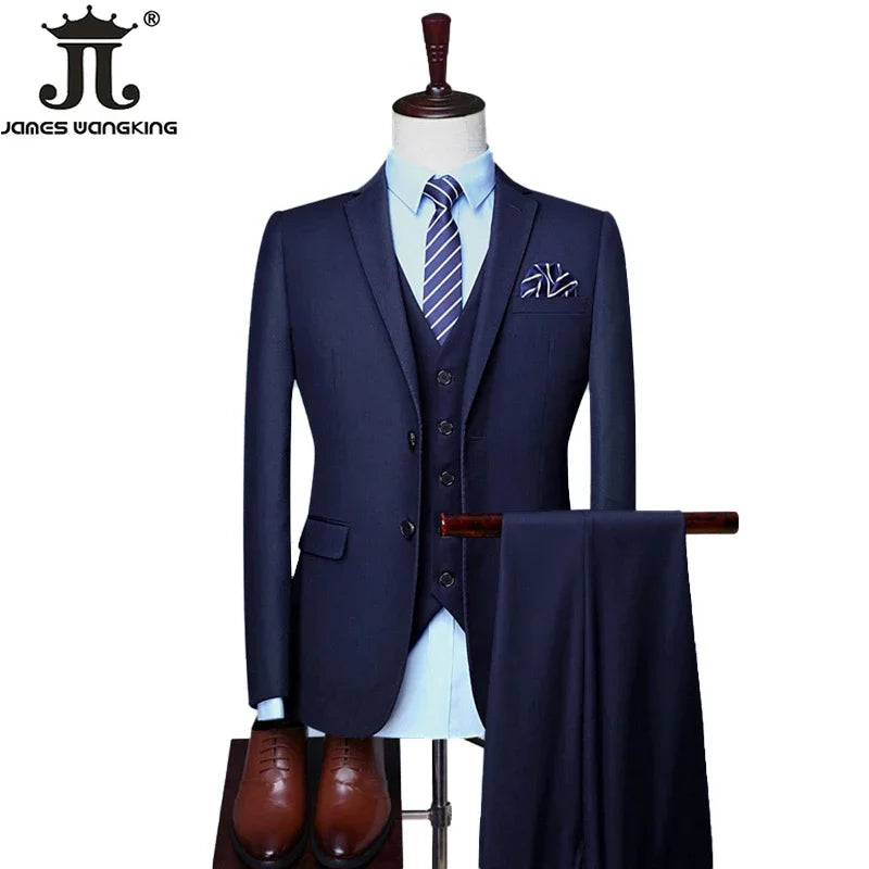 S-6XL Blazer Vest Pants Set - High-end Brand Solid Color Formal Business Office Suit, Three-Piece Groom Wedding Party Dress
