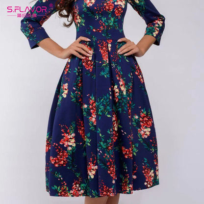S.FLAVOR Elegant Women A-line Dress New Style Flower printing Draped Midi Dress Women Casual Spring Summer Vestidos