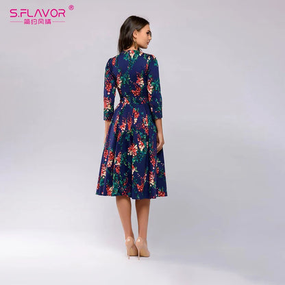 S.FLAVOR Elegant Women A-line Dress New Style Flower printing Draped Midi Dress Women Casual Spring Summer Vestidos