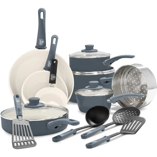 16-Piece Soft Grip Ceramic Nonstick Cookware Set - Includes Pots, Saute and Sauce Pans, and Kitchen Utensils