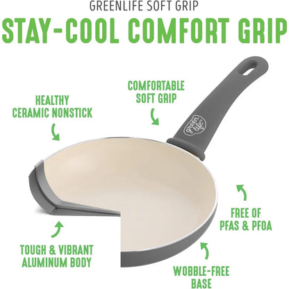 16-Piece Soft Grip Ceramic Nonstick Cookware Set - Includes Pots, Saute and Sauce Pans, and Kitchen Utensils