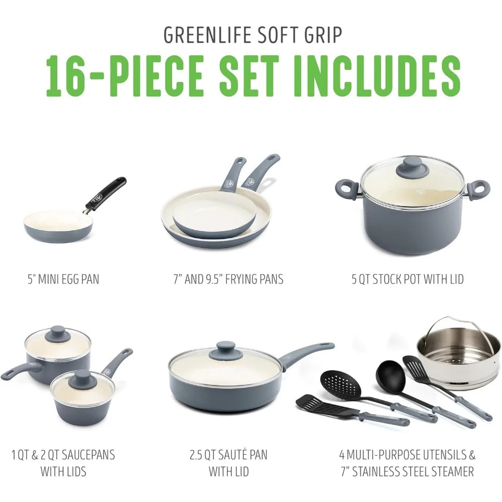 16-Piece Soft Grip Ceramic Nonstick Cookware Set - Includes Pots, Saute and Sauce Pans, and Kitchen Utensils
