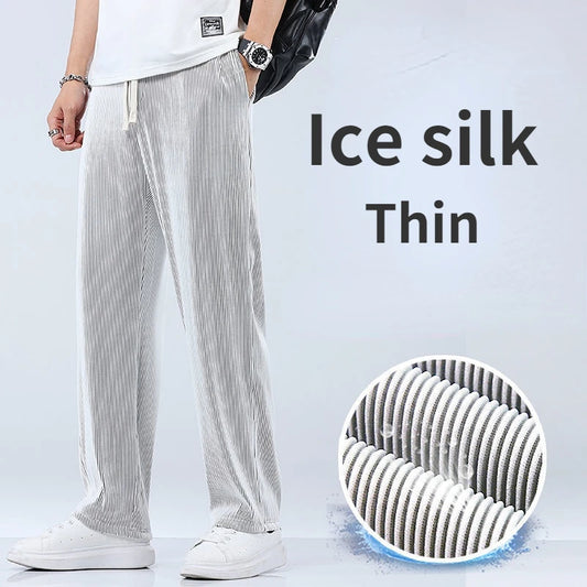 Summer Straight Pants for Men - Loose, Thin Ice Silk Pants, Wide Leg Sports Casual Pants, Vintage Style, Fits up to 100kg