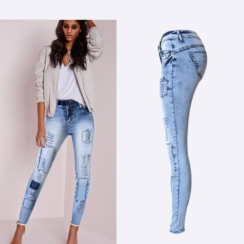 Summer Style Sky Blue Patchwork Skinny Jeans for Women - Low Waist, High Stretch, Push-Up Denim
