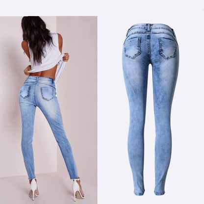 Summer Style Sky Blue Patchwork Skinny Jeans for Women - Low Waist, High Stretch, Push-Up Denim