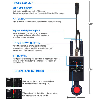 Professional Anti-Spy RF Signal Detector - Three Antennas, Wireless Bug, GSM GPS Tracker, and Hidden Camera Finder