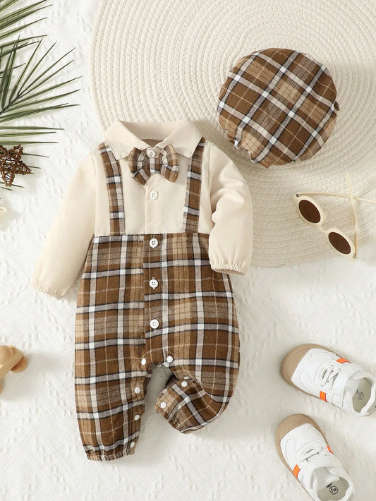 Two-Piece Baby Boy Gentleman Jumpsuit with Lapel Suspenders and Holmes Hat