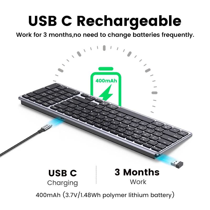 UGREEN Wireless Keyboard with Bluetooth 5.0 and 2.4G Connectivity - 99 Keycaps, USB-C Rechargeable, Multi-Language Support for MacBook, iPad, PC, Tablet