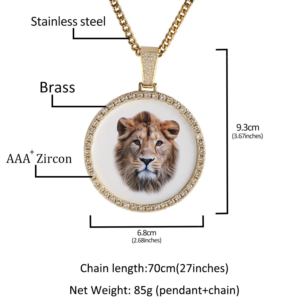 UWIN DIY Medallion Photo Pendant Necklace Large Round Custom Picture Charms Necklace Iced Out CZ Fashion Jewelry for Memory Gift