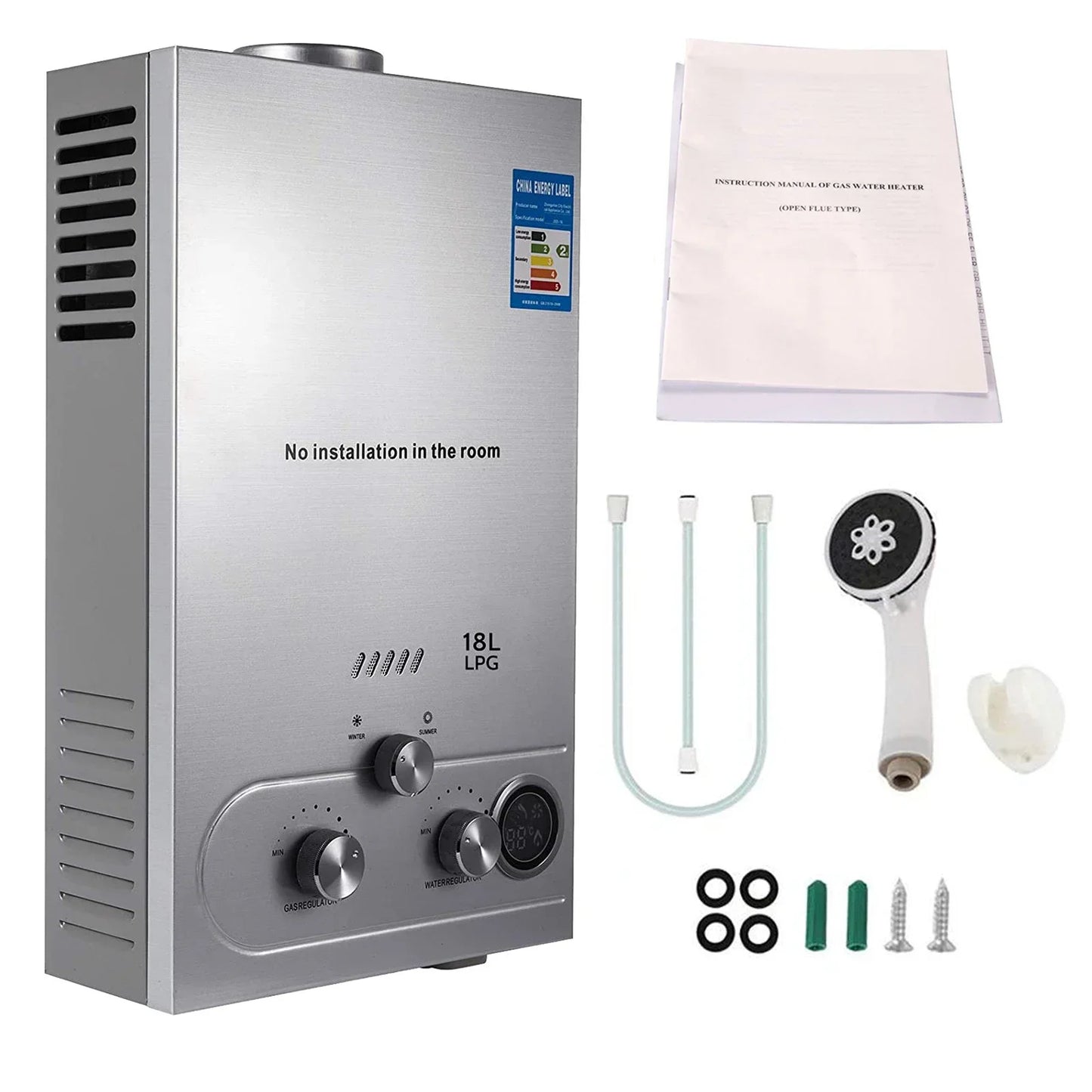 VEVOR LPG Gas Water Heater - Instant Tankless Propane Heater, Available in 6L, 8L, 10L, 12L, 16L, 18L Sizes