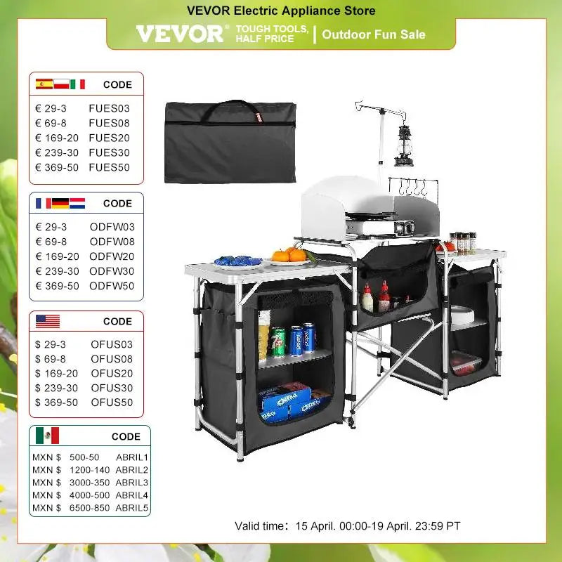 VEVOR Camping Outdoor Kitchen Table - Foldable Cabinet with Storage Rack and X-Shaped Aluminum Alloy Bracket for BBQ and Picnic