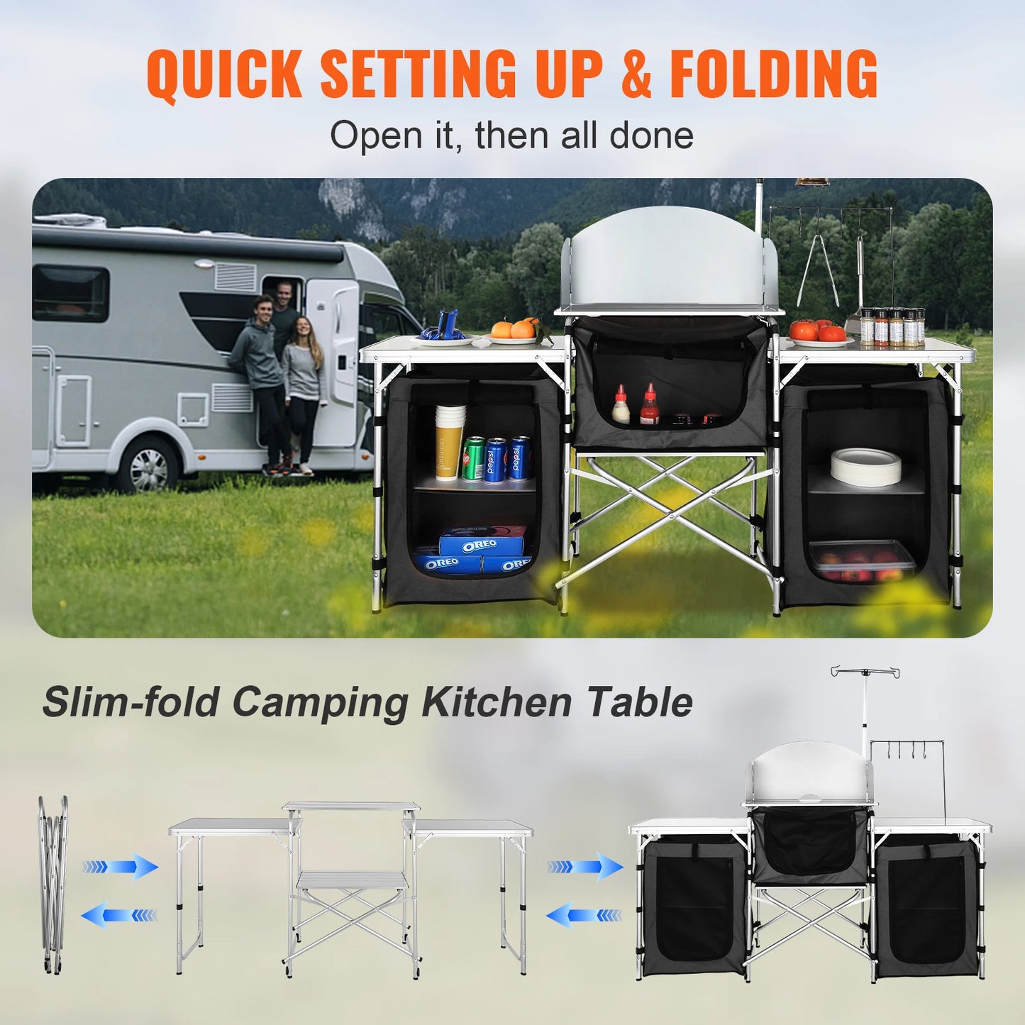 VEVOR Camping Outdoor Kitchen Table - Foldable Cabinet with Storage Rack and X-Shaped Aluminum Alloy Bracket for BBQ and Picnic