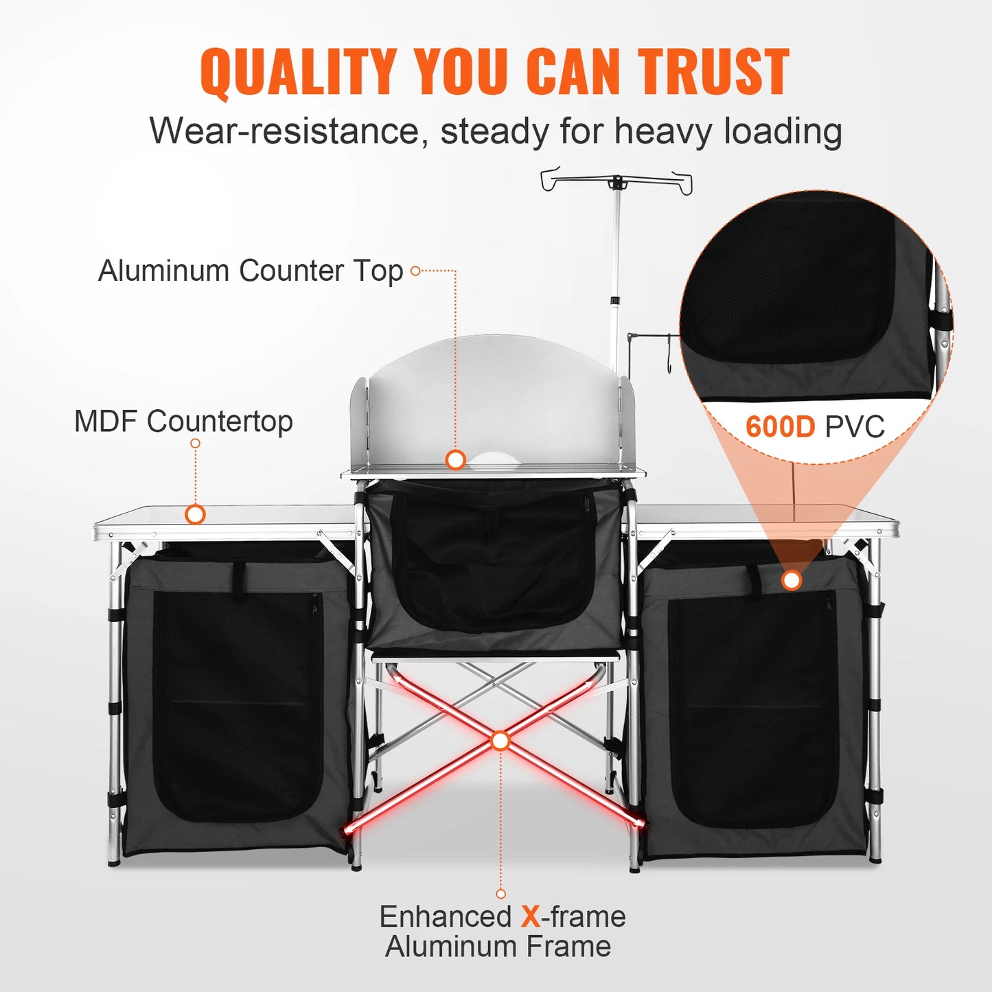 VEVOR Camping Outdoor Kitchen Table - Foldable Cabinet with Storage Rack and X-Shaped Aluminum Alloy Bracket for BBQ and Picnic