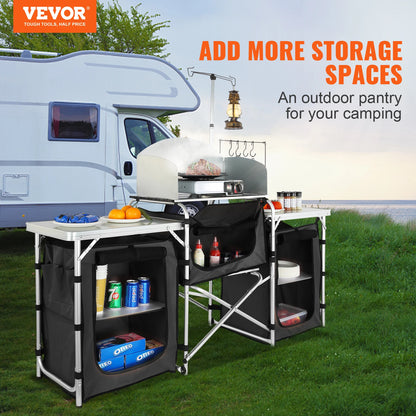 VEVOR Camping Outdoor Kitchen Table - Foldable Cabinet with Storage Rack and X-Shaped Aluminum Alloy Bracket for BBQ and Picnic